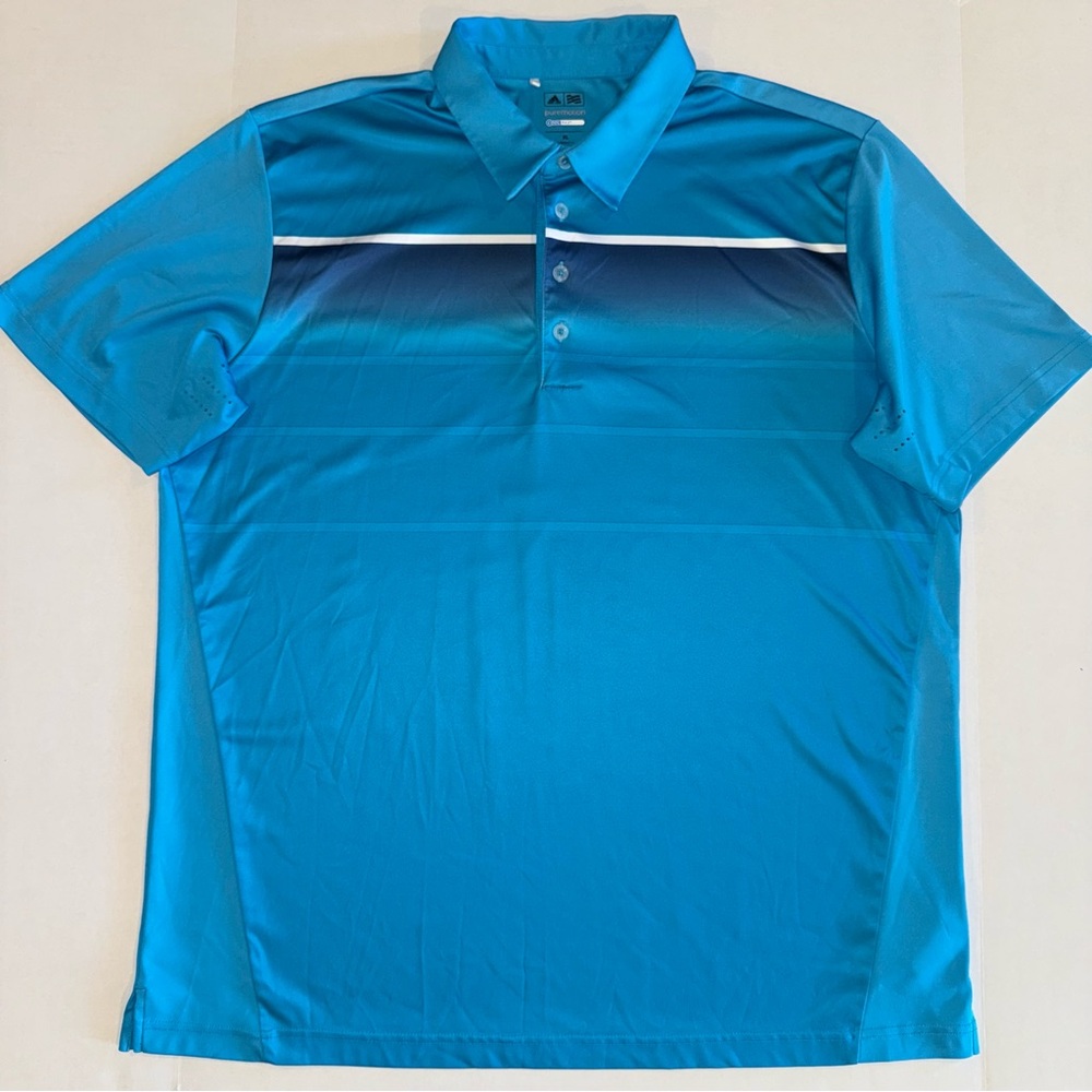 Adidas Puremotion Cool Max Mens XL Golf Polo Aqua Blue White/Navy Stripe Vented